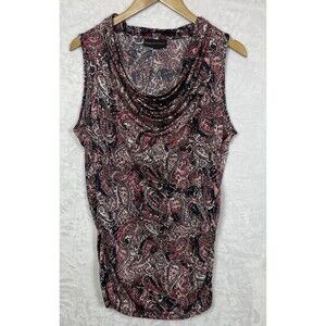 Dana Buchman Blouse Sleeveless Waterfall Neck Ruching Pink Blue Paisley Size L